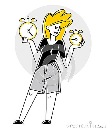 Business worker planning tasks and create time management vector outline illustration, productivity multitask prioritization, Vector Illustration