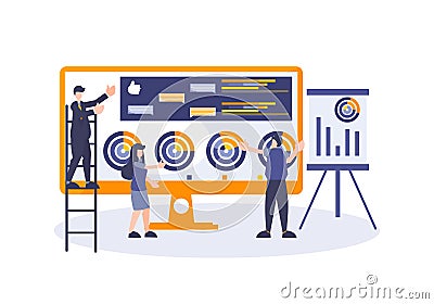 Business workers developing a analysis and calculation presentation for web and landing page element flat design illustration. Big Vector Illustration