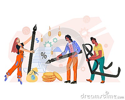 Business workflow or contract documents signing. Partnership and commercial agreement. Vector Illustration