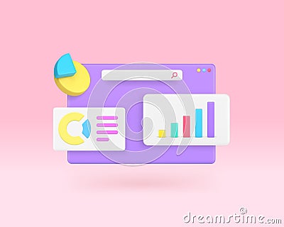 Business workflow data analyzing bar graph diagram internet browser 3d icon realistic vector Vector Illustration