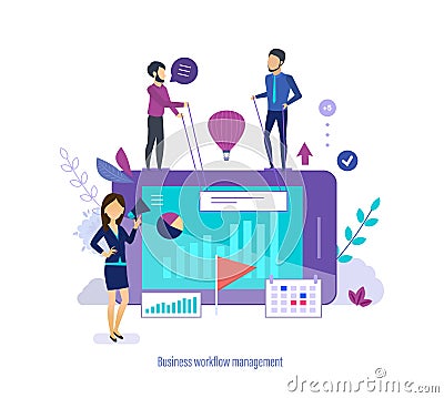 Business workflow management. Time management, task planning, organization working time. Vector Illustration