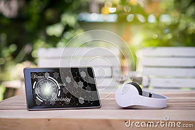 Business Working space with tablet and headphone Stock Photo