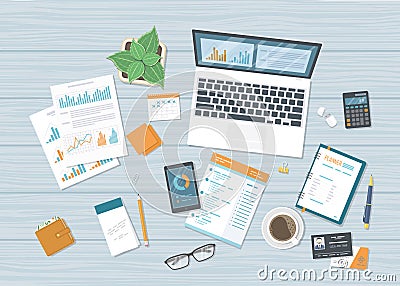 Business workplace with forms charts, graphs, laptop with information on the screen, notebook, phone, planner. Accounting analysis Vector Illustration