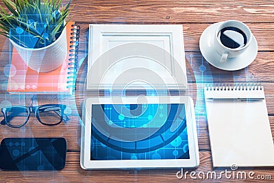 Business workplace with tablet pc and security concept on screen Stock Photo