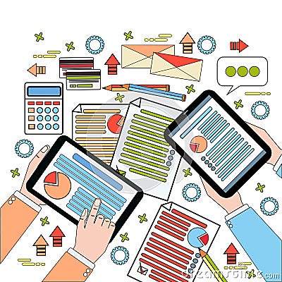 Business Workplace Top View, Businesspeople Work Process With Diagrams And Documents, Hands Holding Digital Tablets And Vector Illustration