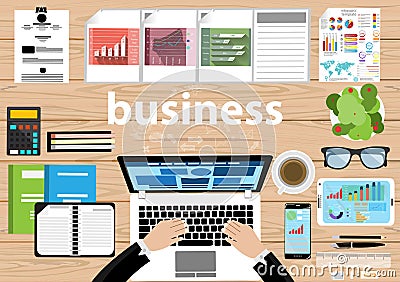 Business workplace Top view modern Idea and Concept Vector illustration with work Accessories Vector Illustration