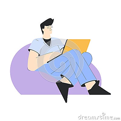 Business with Young Man Character Sitting with Laptop Vector Illustration Vector Illustration