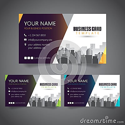 Modern Corporate Business Card with 3 Alternate Colors and Vectorized Buildings Vector Illustration