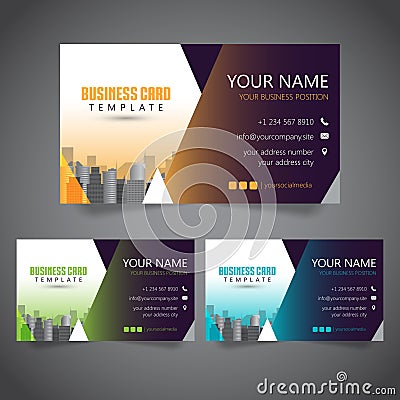 Modern Corporate Business Card with 3 Alternate Colors and Vectorized Buildings Vector Illustration