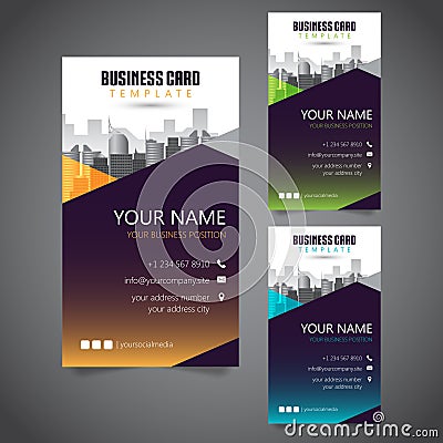 Modern Corporate Business Card with 3 Alternate Colors and Vectorized Buildings Vector Illustration