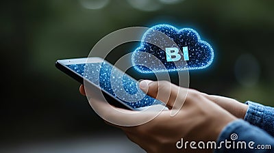 Businessman Accessing Cloud Based Business Intelligence Analytics Data Via Mobile Device Stock Photo