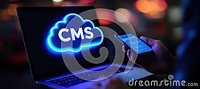Businessman Accessing Cloud-Based Content Management System CMS Software Via Mobile Device Stock Photo