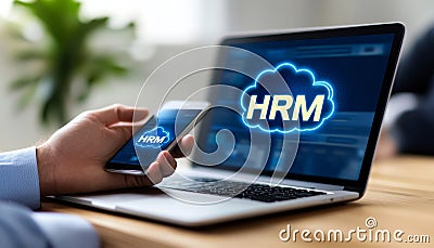 Businessman Accessing Cloud-Based HRM System via Mobile Device, Glowing HRM Text Displayed Stock Photo
