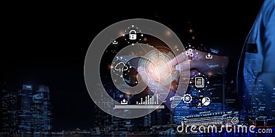 Businessman accessing the Cloud Computing Technology Internet Storage Network Concept And a large database big data Through Stock Photo