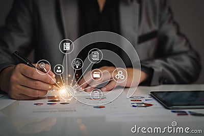 Businessman accessing the Cloud Computing Technology Internet Storage Network Concept And a large database big data Through Stock Photo
