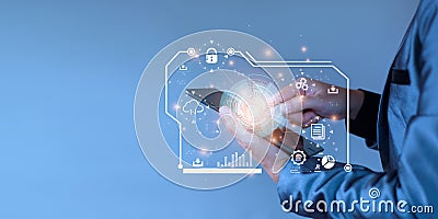 Businessman accessing the Cloud Computing Technology Internet Storage Network Concept And a large database big data Through Stock Photo