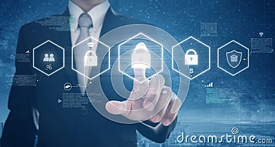 Businessman activate digital network and online data security system. Protection network and digital data Stock Photo