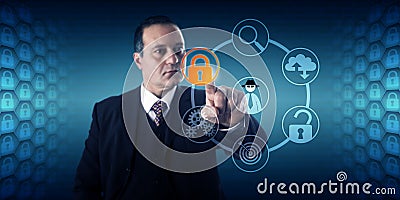 Businessman Activating Lock For Fraud Prevention Stock Photo