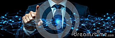 Businessman Activating Security Protocol With Fingerprint Scan On Network System For Data Protection Stock Photo
