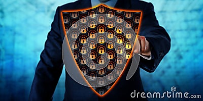 Businessman Activating Virtual Antivirus Shield Stock Photo