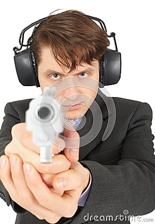 Businessman aiming a gun, on white background Stock Photo