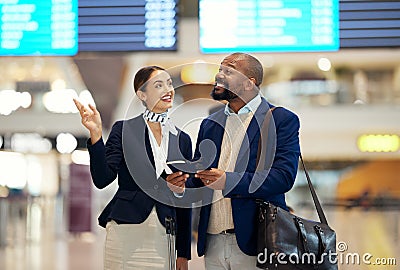 Businessman, airport and service agent pointing traveler to departure, flight time or information. Black male with Stock Photo