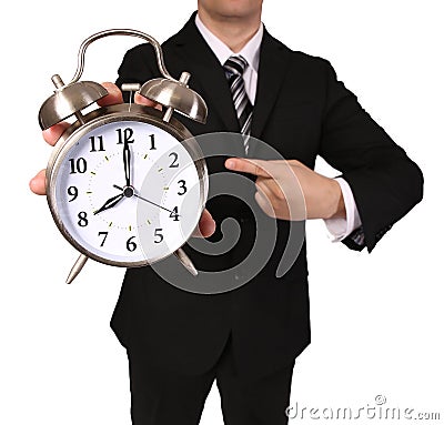 Businessman with Alarm Clock isolated on white Stock Photo