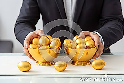 Businessman allocate golden egg in two baskets. Don& x27;t put all eggs in one basket in business. Stock Photo