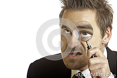 Businessman analyze problem with magnifying lens Stock Photo