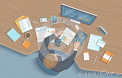 Businessman analyzes documents,charts, graphics at the table. accounting, analysis, audit, financial report. Workplace Desktop Vector Illustration