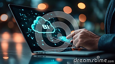 Businessman Analyzing BI Data Cloud Computing and Mobile Access for Business Intelligence Analytics Stock Photo