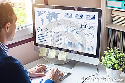 Businessman analyzing Business Analytics dashboard with KPI, financial metrics, fintech Stock Photo