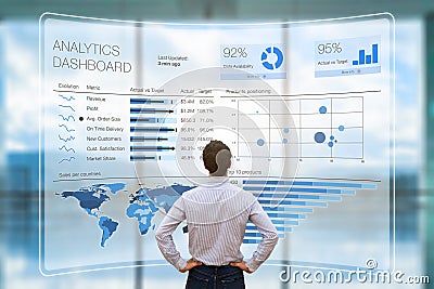 Businessman analyzing business analytics or intelligence dashboard, VR screen, KPI Stock Photo