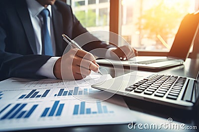 Businessman analyzing statistics with laptop in office. Financial planning. Tax and accounting in a professional office meeting. Stock Photo