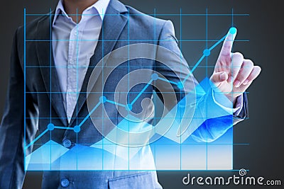 Businessman asian use hand show line graph holographic statistic Stock Photo