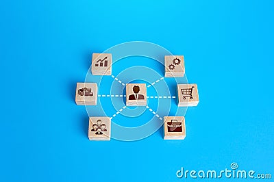 Businessman associated with business attributes. Creation of a successful company. Development of leadership organizational skills Stock Photo