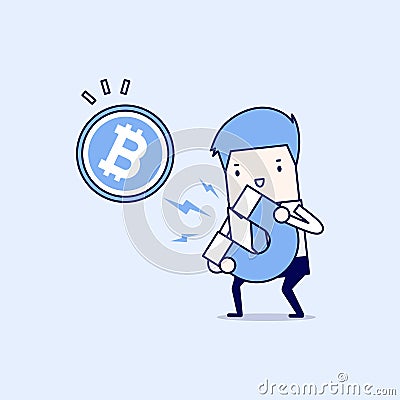 Businessman attracting bitcoin with a large magnet. Cartoon character thin line style vector. Vector Illustration