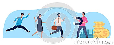 Businessman attraction people. Person magnet, employees running to work. HR concept, greed or need for money vector Vector Illustration