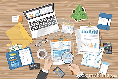 Businessman auditor inspects financial documents. Man`s hands with magnifying glass above forms. Research auditing management Vector Illustration