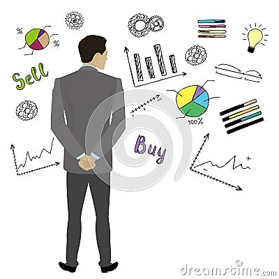 Businessman Back view standing against doodle business sketch Vector Illustration