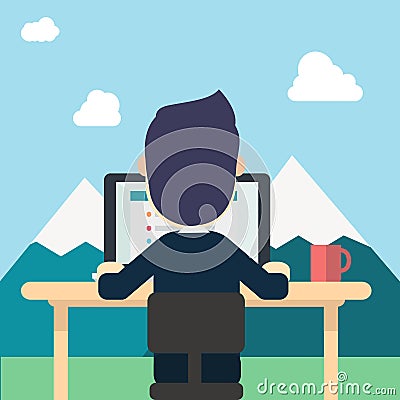 Businessman in back wear suite work around nature with tab work Vector Illustration