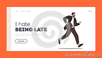 Businessman with Bag Run, Stress Landing Page Template. Business Character Late in Office, Anxious Businessman Hurry Vector Illustration