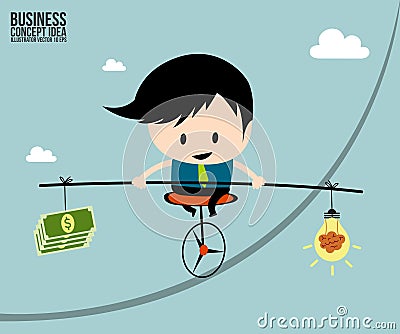 Businessman balance is brain in money on one wheel bicycle Vector Illustration