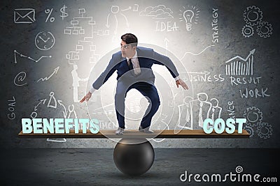 Businessman balancing between cost and benefit in business conce Stock Photo