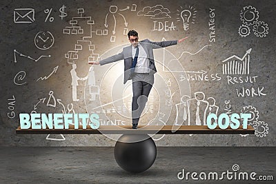 Businessman balancing between cost and benefit in business conce Stock Photo