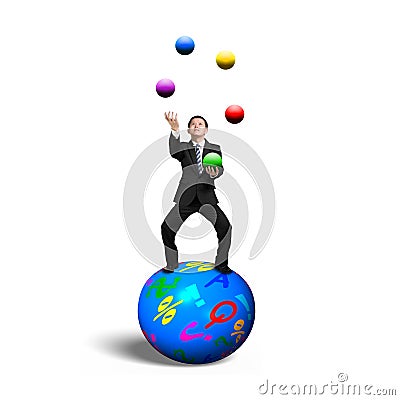 Businessman balancing on sphere juggling with balls Stock Photo