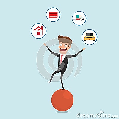 Businessman balancing on sphere and juggling finance debt icons. Financial and money management concept. Vector Illustration