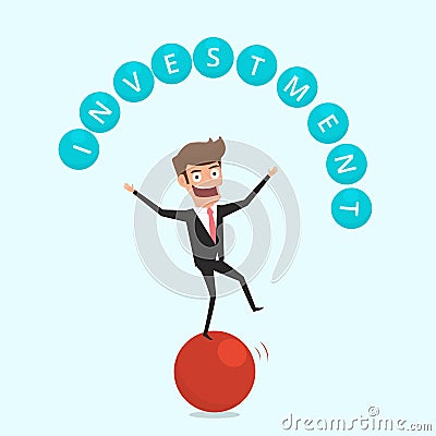 Businessman balancing on sphere and juggling investment finance. Financial and money management concept. Vector Illustration