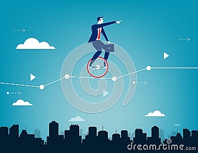 Businessman balancing on unicycle and drive through business chart. Concept business success illustration. Vector business. Vector Illustration