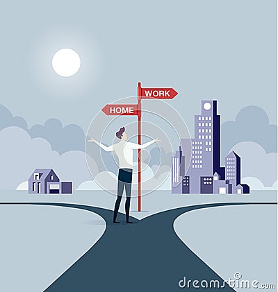 Businessman balancing between work and life in business concept Vector Illustration